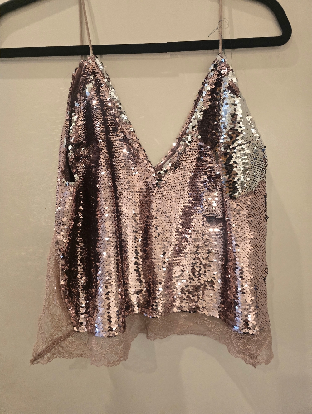 Free People Rose Gold Sequin Lace Trim Cami